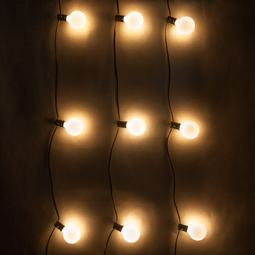 15' Pearl White Satin Patio String Light Set with 15 G50 Bulbs on Black Wire, E12 Base