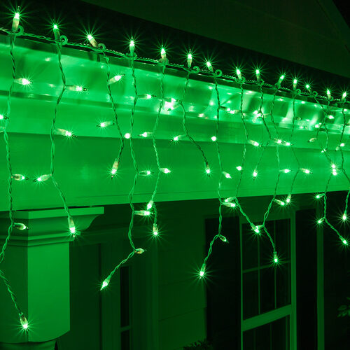 100 Green Mini Icicle Lights on White Wire