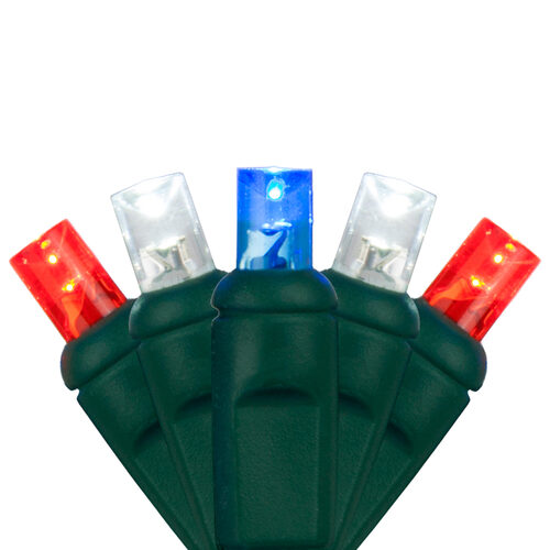 70 5mm Red, White and Blue LED Christmas Lights, Green Wire, 4" Spacing