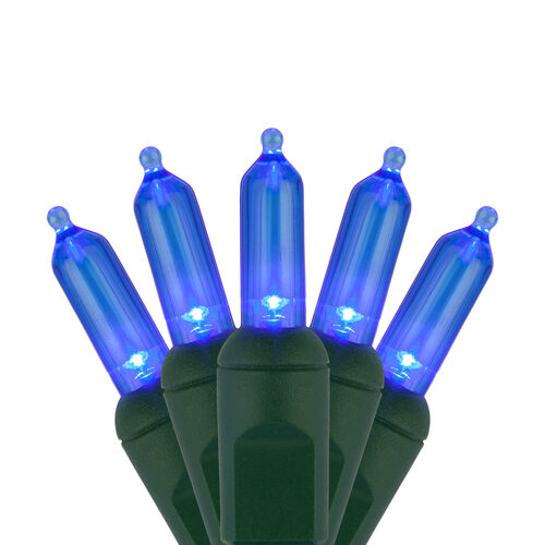50 T5 Blue LED Christmas Tree Lights Green Wire, 6" Spacing