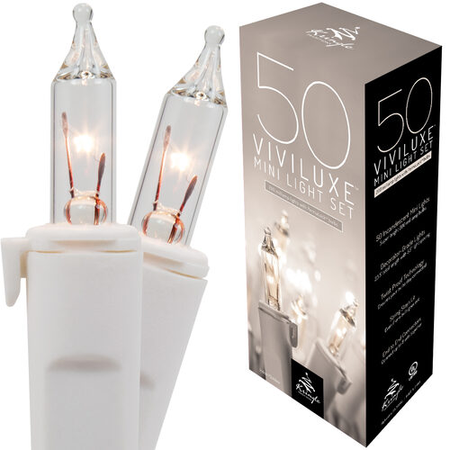 50 Viviluxe TM Clear Christmas Mini Lights, White Wire, 5.5" Spacing