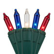 50 Red, White and Blue Mini Lights, Green Wire, 6" Spacing