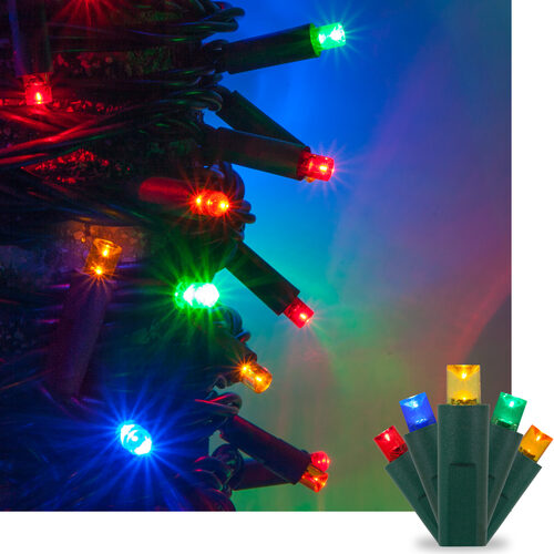 50 Kringle Traditions 5mm Multicolor LED Christmas Lights, Green Wire, 4" Spacing