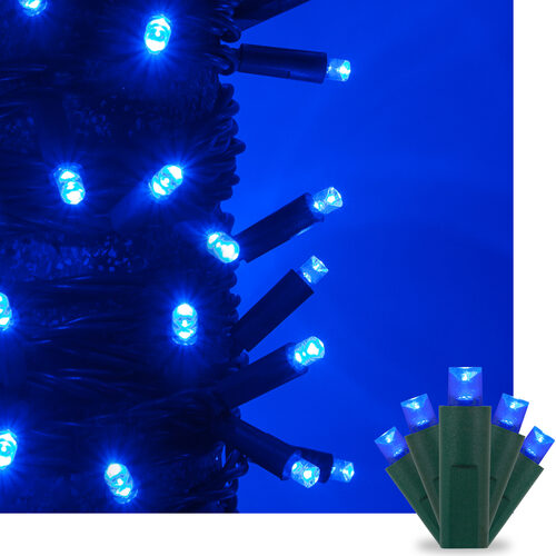 50 Kringle Traditions 5mm Blue LED Christmas Lights, Green Wire, 4" Spacing
