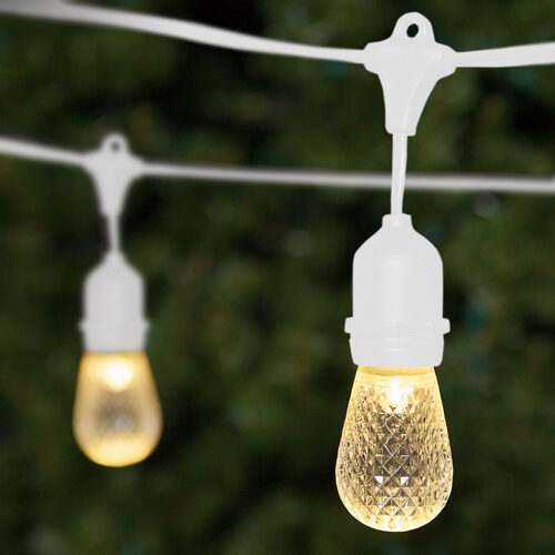 54' Commercial Warm White LED Patio String Light Set with 24 S14 Bulbs on White Wire, with Drops