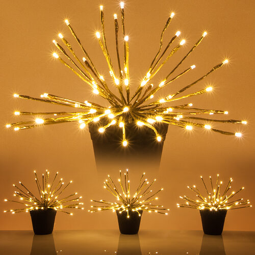 15" Gold Starburst Lighted Branches, Warm White LED, Twinkle, Set of 3 