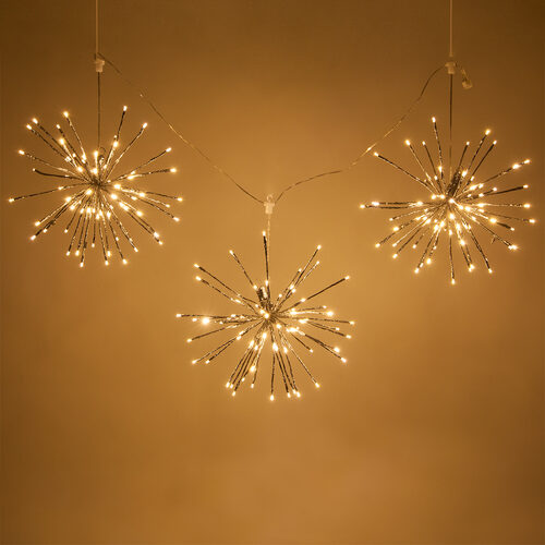 15" Silver Starburst Lighted Branches, Warm White LED, Twinkle, Set of 3 