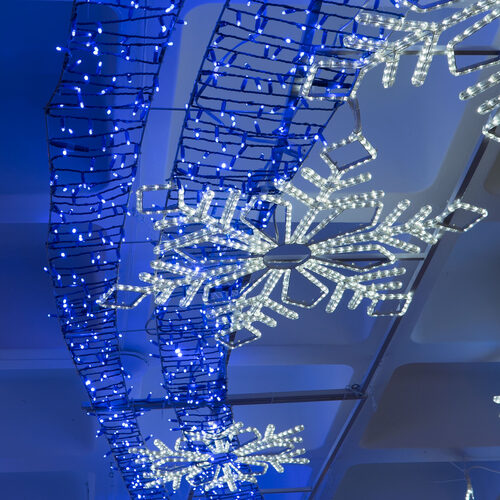 26' x 5.2' LED Blue Ribbon and Cool White Snowflake Streetscape