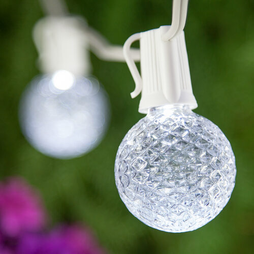 25' Cool White OptiCore LED Patio String Light Set with 25 G50 Bulbs on White Wire, E17 Base
