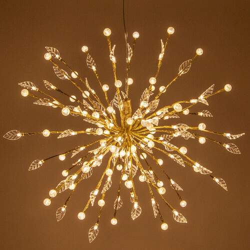 12" Gold Starburst Lighted Branches with Leaves and Crackle Beads, Warm White LED
