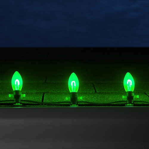 C9 Green FlexFilament Shatterproof Vintage Commercial LED Christmas Lights, 15 Lights, 15'