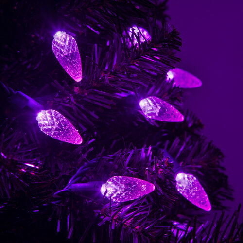 70 C6 Purple LED Christmas Lights, Green Wire, 4" Spacing
