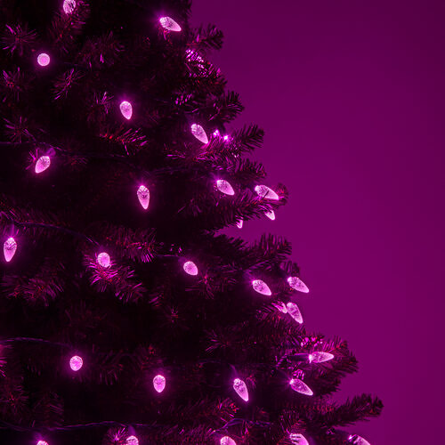 C6 Strawberry Pink LED Christmas Lights on Green Wire