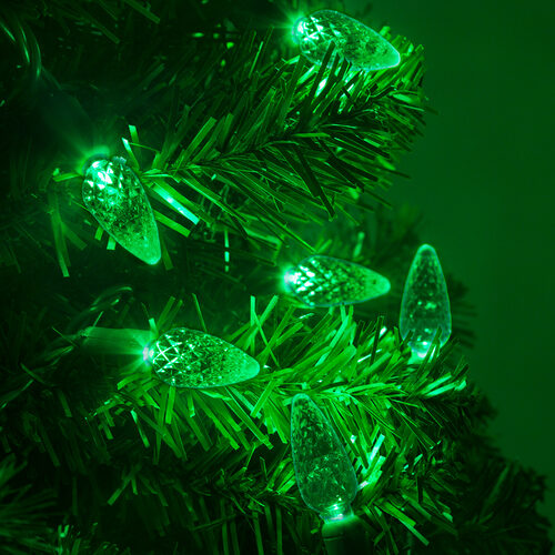 70 C6 Green LED Christmas Lights, Green Wire, 4" Spacing