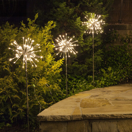 10" Silver Starburst Lighted Branches on Stakes, Warm White LED, Set of 3 