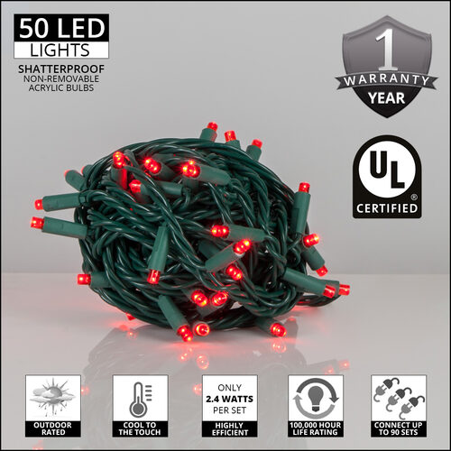 50 Kringle Traditions 5mm Red LED Christmas Lights, Green Wire, 6" Spacing, Balled Set