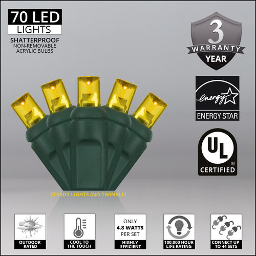 70 5mm Gold LED Christmas Lights, Green Wire, 4" Spacing