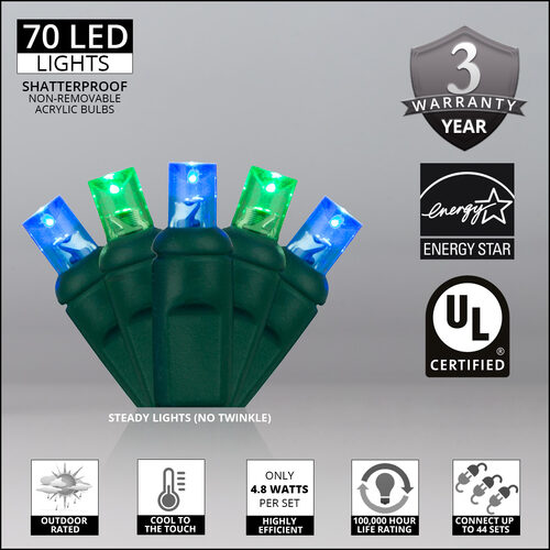 70 5mm Blue, Green LED Christmas Lights, Green Wire, 4" Spacing