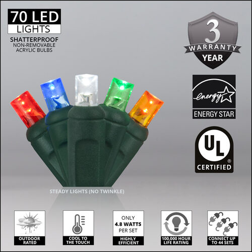 70 5mm Multi Color LED Christmas Lights, Green Wire, 4" Spacing