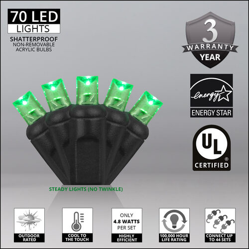 70 5mm Green LED Christmas Lights, Black Wire, 4" Spacing