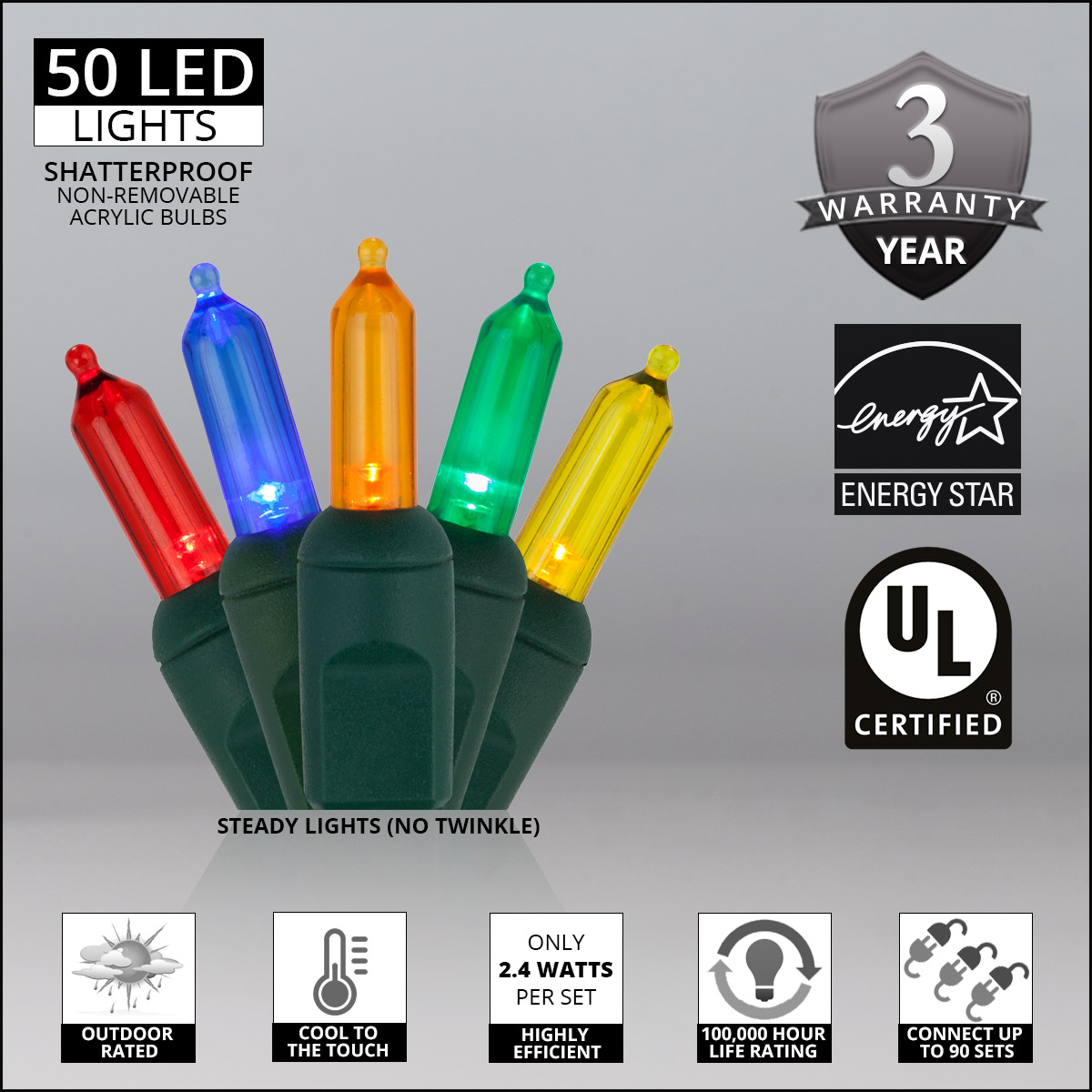 T5 Multi Color LED Christmas Tree Lights on Green Wire