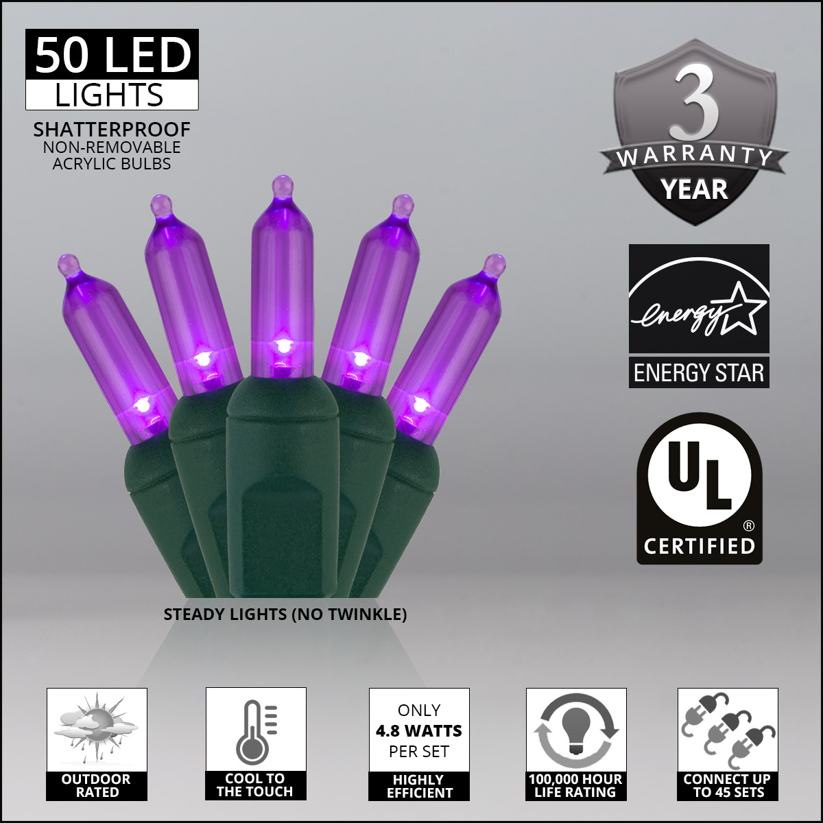 T5 Purple LED Christmas Tree Lights on Green Wire - Wintergreen