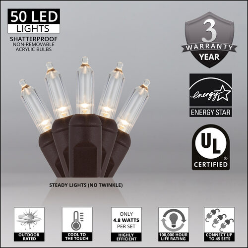 50 T5 Warm White LED Christmas Tree Lights Brown Wire, 6" Spacing