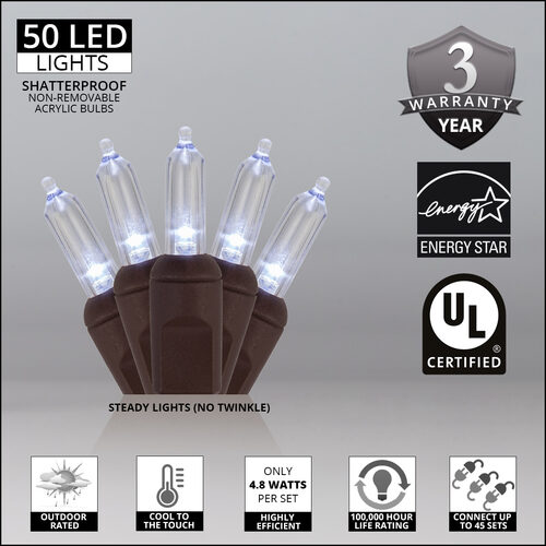 50 T5 Cool White LED Christmas Tree Lights Brown Wire, 6" Spacing