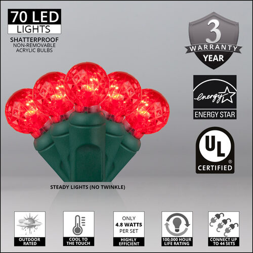 70 G12 Red LED String Lights, Green Wire, 4" Spacing