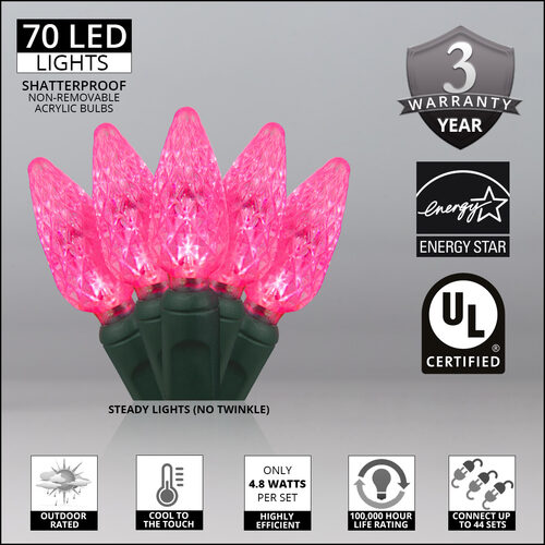 70 C6 Pink LED Christmas Lights, Green Wire, 4" Spacing