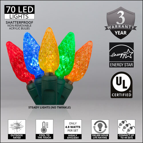70 C6 Multi Color LED Christmas Lights, Green Wire, 4" Spacing
