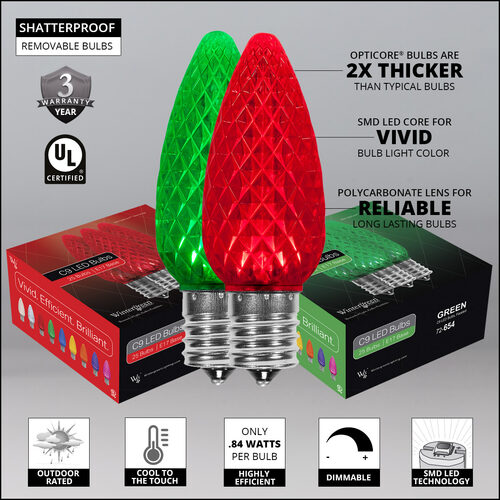 C9 Green / Red OptiCore Commercial LED Christmas Lights, 50 Lights, 50'
