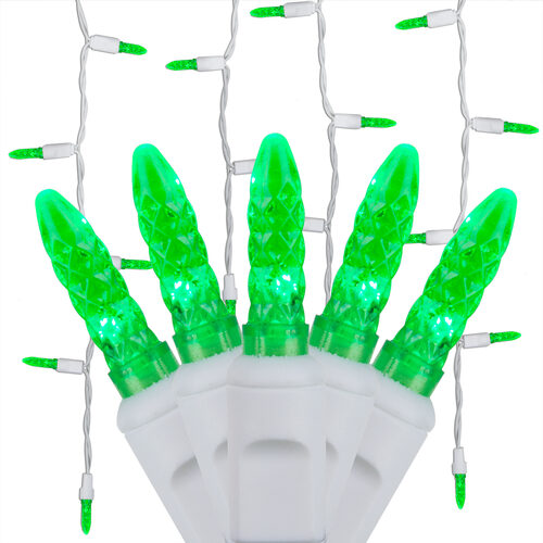 70 Green M5 LED Icicle Lights on White Wire