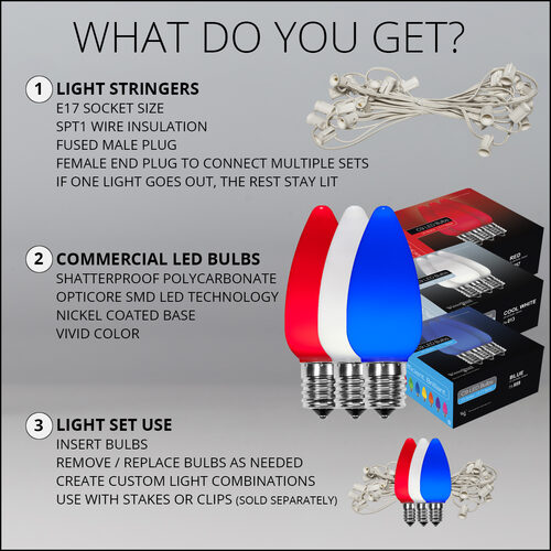 75' OptiCore LED Patio String Light Set with 75 C9 Red, White and Blue Lights, E17 Base, 12 Inch Spacing