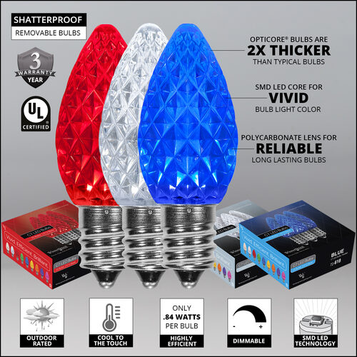 75' OptiCore LED Patio String Light Set with 75 C7 Red, White and Blue Lights, E12 Base, 12 Inch Spacing
