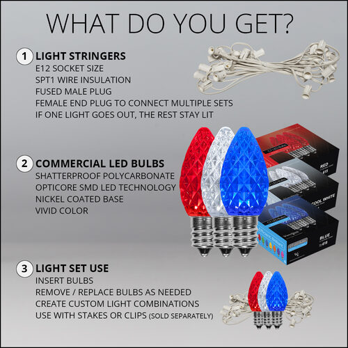75' OptiCore LED Patio String Light Set with 75 C7 Red, White and Blue Lights, E12 Base, 12 Inch Spacing