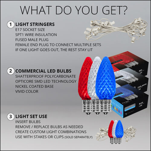 75' OptiCore LED Patio String Light Set with 75 C9 Red, White and Blue Lights, E17 Base, 12 Inch Spacing