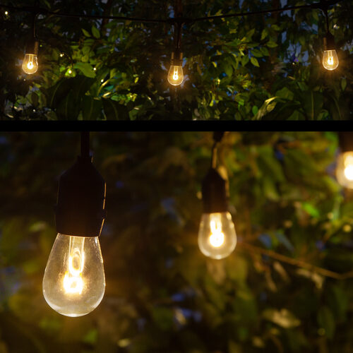 30' Warm White FlexFilament TM LED Patio String Light Set with 10 S14 Bulbs on Black Wire, with Drops