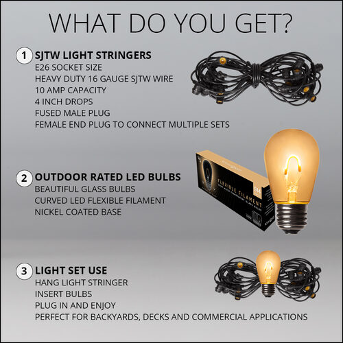 30' Warm White FlexFilament LED Patio String Light Set with 10 S14 Bulbs on Black Wire, with Drops