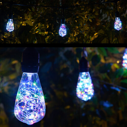 30' RGB Color Change LEDimagine TM Patio String Light Set with 10 ST64 Fairy Light Bulbs on Black Wire, with Drops