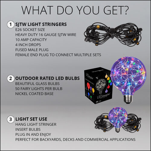30' RGB Color Change LEDimagine TM Patio String Light Set with 10 G95 Fairy Light Bulbs on Black Wire, with Drops
