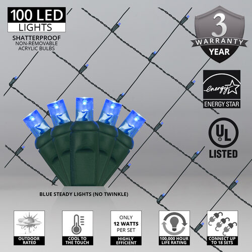 4' x 6' Blue 5mm LED Christmas Net Lights, 100 Lamps on Green Wire