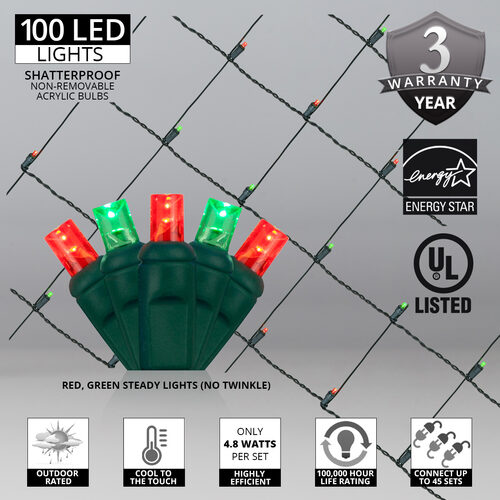 4' x 6' Red, Green 5mm LED Christmas Net Lights, 100 Lights on Green Wire