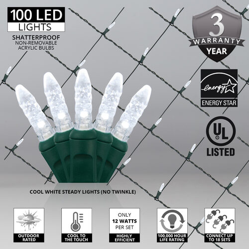 4' x 6' Cool White M5 LED Christmas Net Lights, 100 Lights on Green Wire