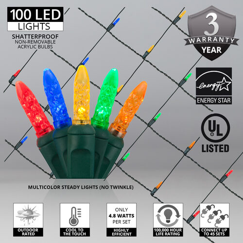 4' x 6' Multicolor M5 LED Christmas Net Lights, 100 Lights on Green Wire