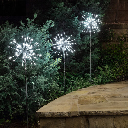 10" Silver Starburst Lighted Branches on Stakes, Cool White LED, Set of 3 