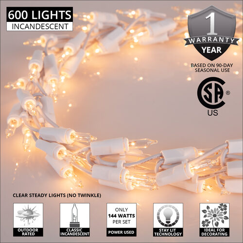 18' Garland Lights, 600 Clear Lamps, White Wire