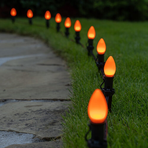 C7 Amber Smooth OptiCore Halloween LED Pathway Lights, 25 Lights, 4.5 Inch Stakes, 25'