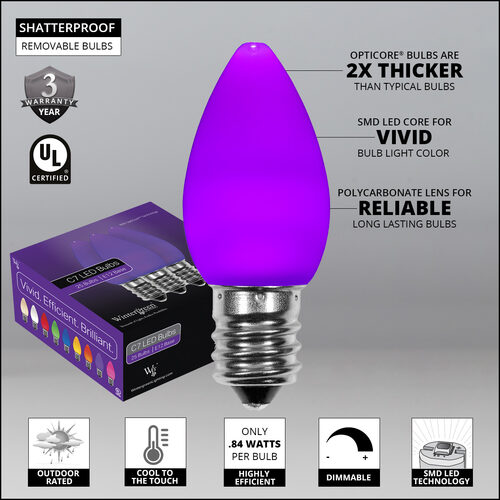 C7 Purple Smooth OptiCore Commercial LED Halloween Christmas Lights, 25 Lights, 25'