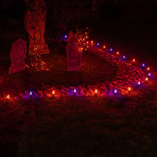 C7 Orange / Purple Smooth OptiCore Halloween LED Pathway Lights, 50 Lights, 4.5 Inch Stakes, 50'